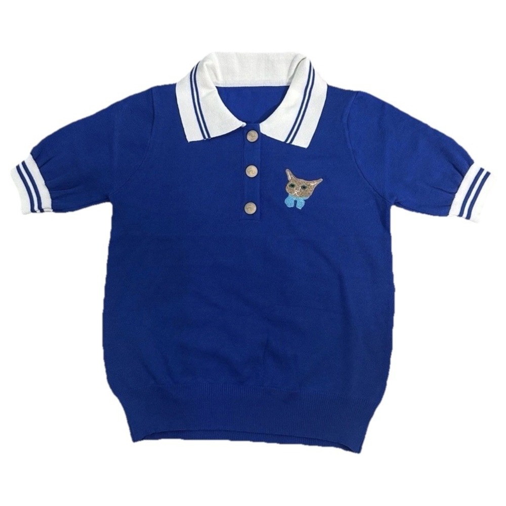 Vintage Sailor Aesthetic Blue Knit Polo Shirt Nautical Style Cat Embroidered XS